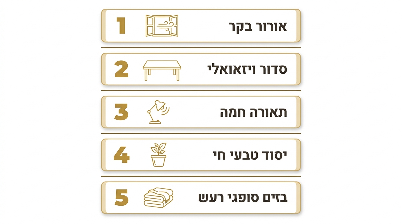 עיצוב פנים של דירה חדשה עם אלמנטים טבעיים, תאורה חמה וסדר מרחבי שיוצרים תחושת בית