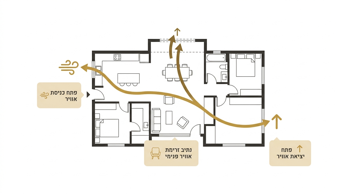 תרשים המראה זרימת אוויר צולבת דרך בית פרטי, עם חצים המציינים כניסת אוויר קריר מצד אחד ויציאת אוויר חם מהצד השני